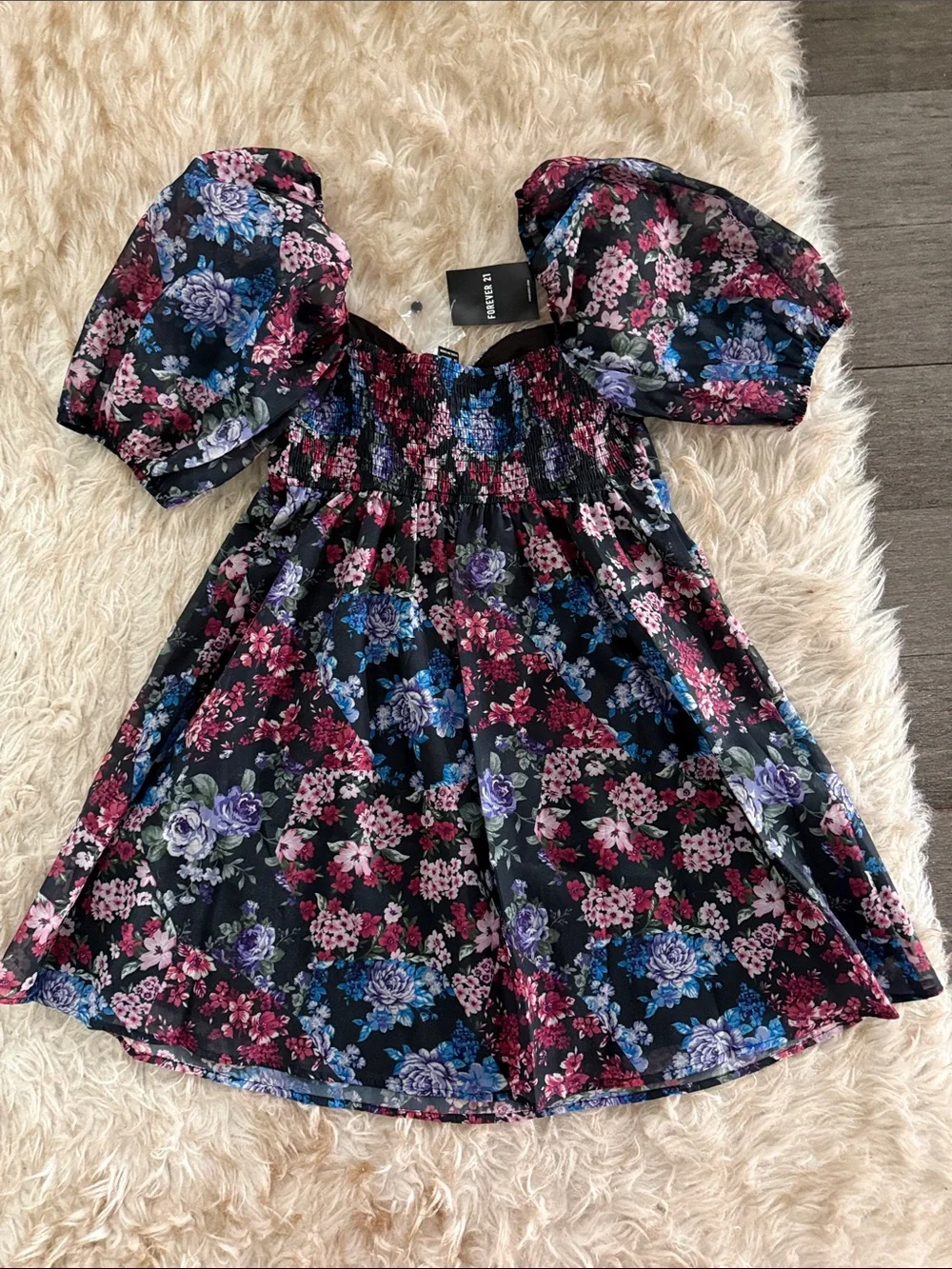Forever 21 Black Floral Puff-Sleeve Dress with Blue, Purple, and Pink Blooms
